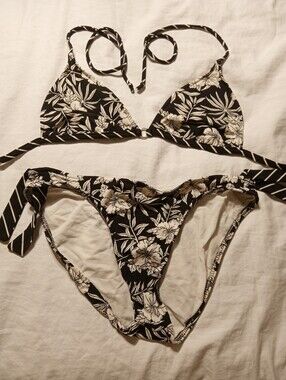Radio Fuji Black & White Floral Tie-Side Bikini Set